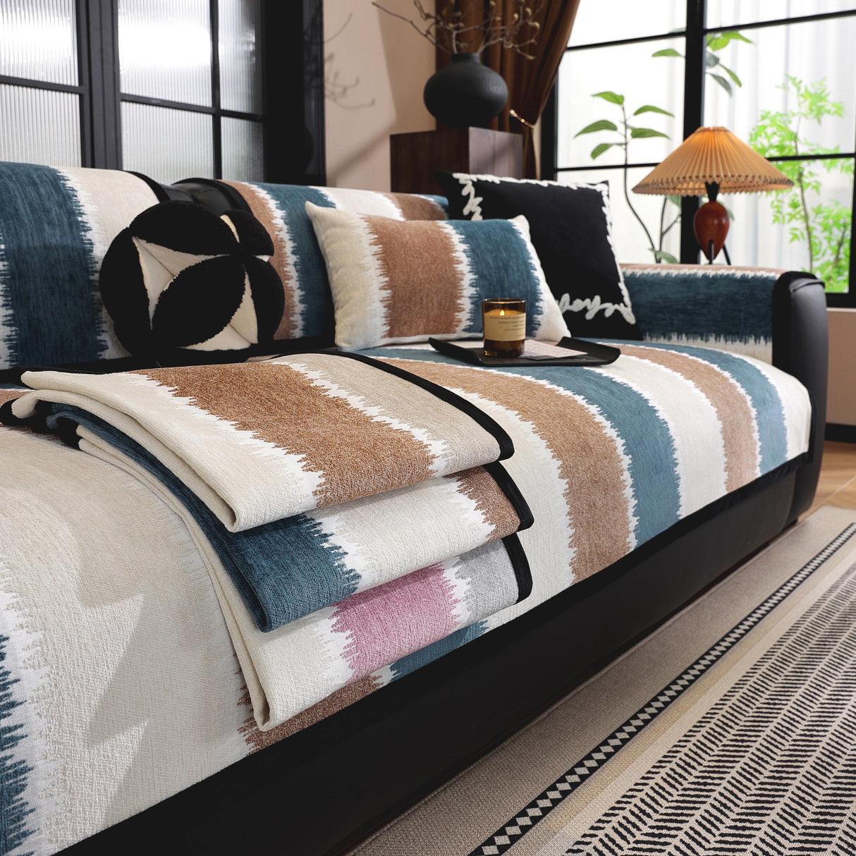 Striped Colorblock Non-Slip Sectional Couch Covers, Chenille Sofa Protector Cover