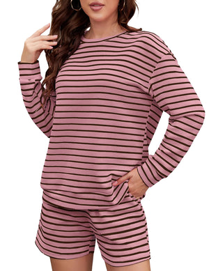 GGOV Women Oversized Striped Color Block Matching Set Crewneck Long Sleeved Top and Shorts Fashion Two-piece Set (Pink Coffee S)