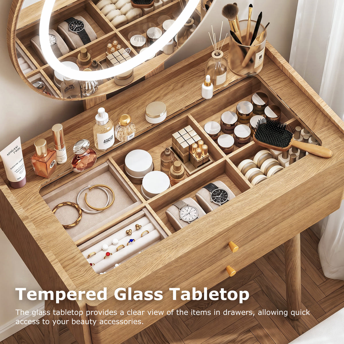 Small Makeup Vanity Desk with Round LED Mirror, Cushioned Stool& 2 Drawers