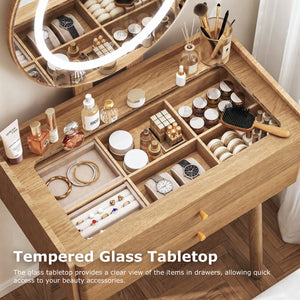 Small Makeup Vanity Desk with Round LED Mirror, Cushioned Stool& 2 Drawers