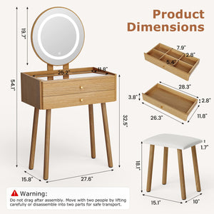 Small Makeup Vanity Desk with Round LED Mirror, Cushioned Stool& 2 Drawers