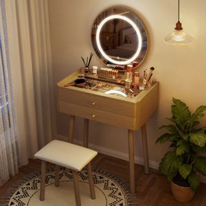 Small Makeup Vanity Desk with Round LED Mirror, Cushioned Stool& 2 Drawers