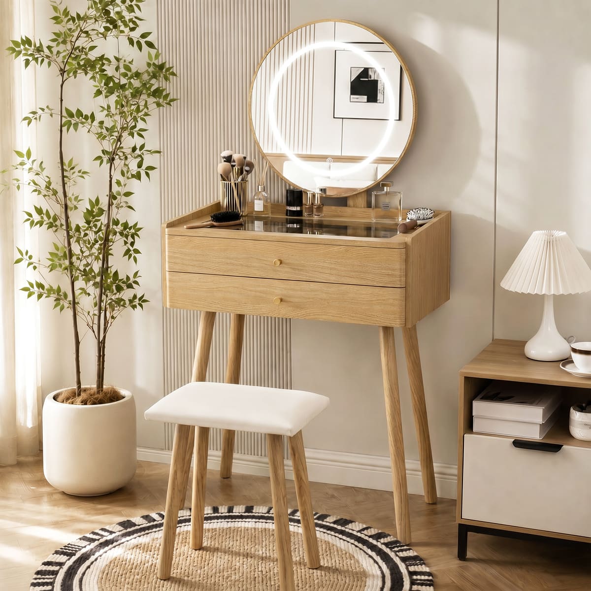 Small Makeup Vanity Desk with Round LED Mirror, Cushioned Stool& 2 Drawers