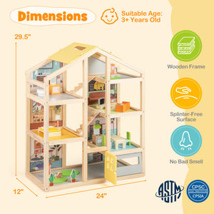 Wooden Dollhouse for Kids Modern Family Pretend Playhouse with Furniture Pieces and Figures-Natural