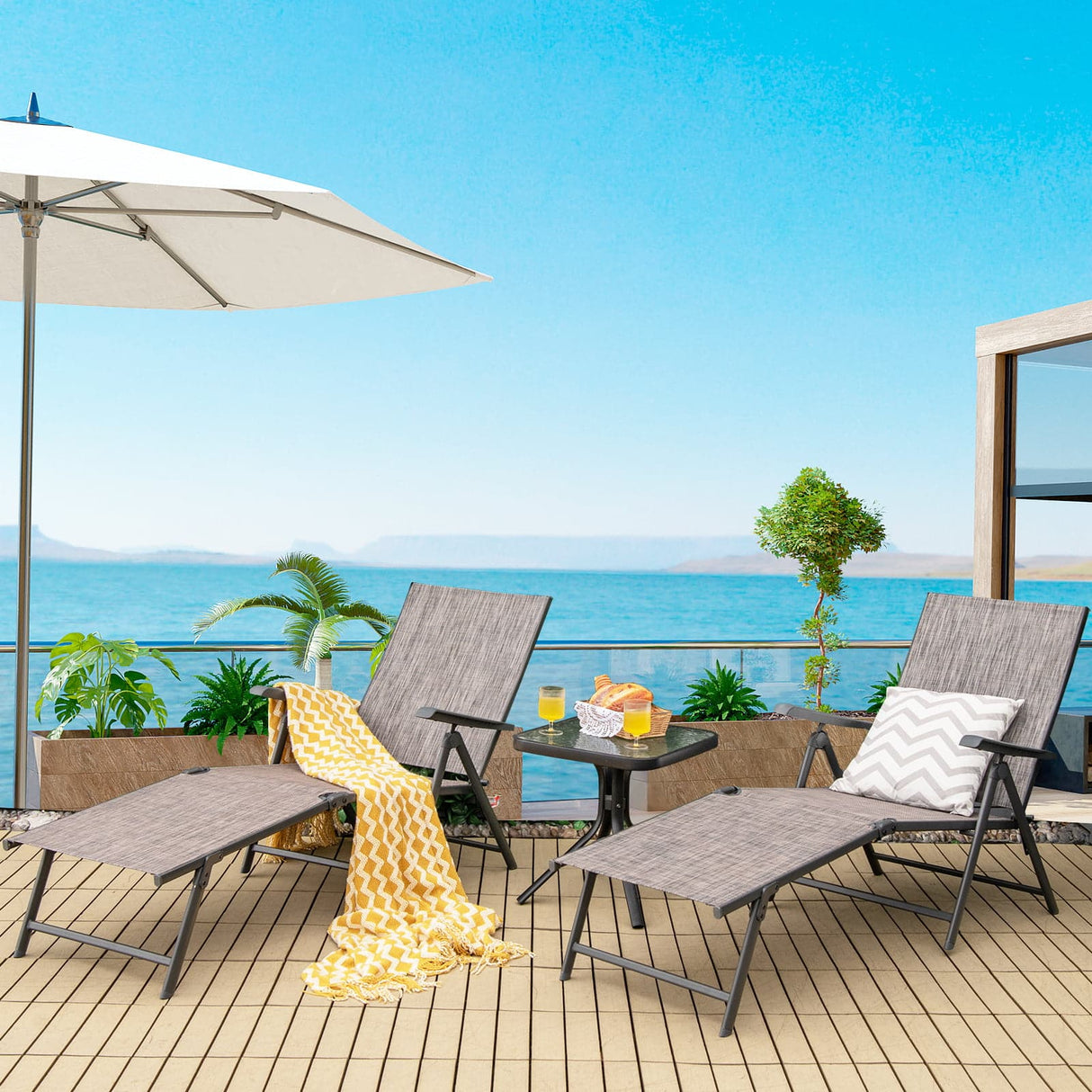2 Pieces Foldable Chaise Lounge Chair with 2-Position Footrest-Brown