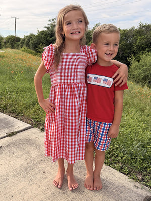 Summer Plaid Smocked Ruffle Girl Dress Sibling Outfits