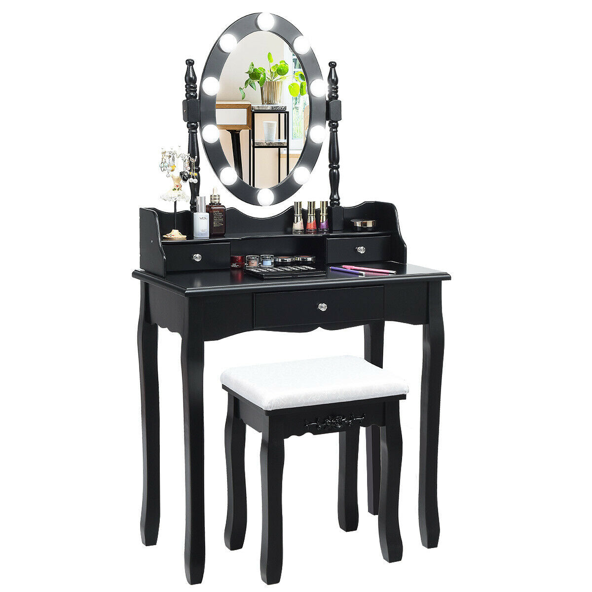Oval Mirror Vanity Set  with 10 LED Dimmable Bulbs and 3 Drawers-Brown