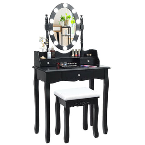 Oval Mirror Vanity Set  with 10 LED Dimmable Bulbs and 3 Drawers-Black