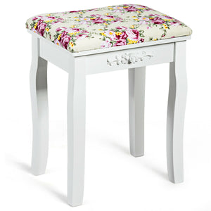 Vanity Wood Dressing Stool Padded Piano Seat with Rose Cushion-White