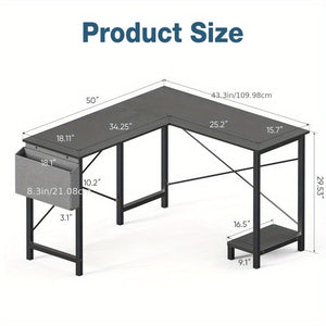 L-Shaped Corner Computer Desk with Storage Pocket | Wooden Home Office / Gaming