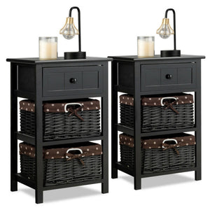 Set of 2 3-Layer 1 Drawer Wood Bedside End Table-Black