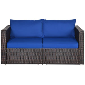 2PCS Patio Rattan Sectional Conversation Sofa Set-Navy