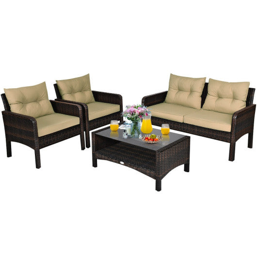 4 Pieces Outdoor Rattan Wicker Loveseat Furniture Set with Cushions-Coffee