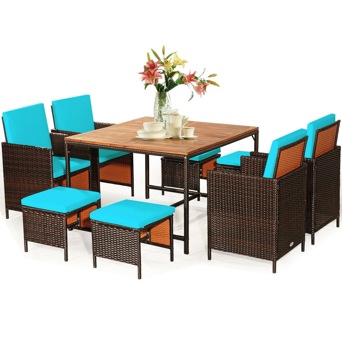 9 Pieces Patio Rattan Dining Cushioned Chairs Set-Red