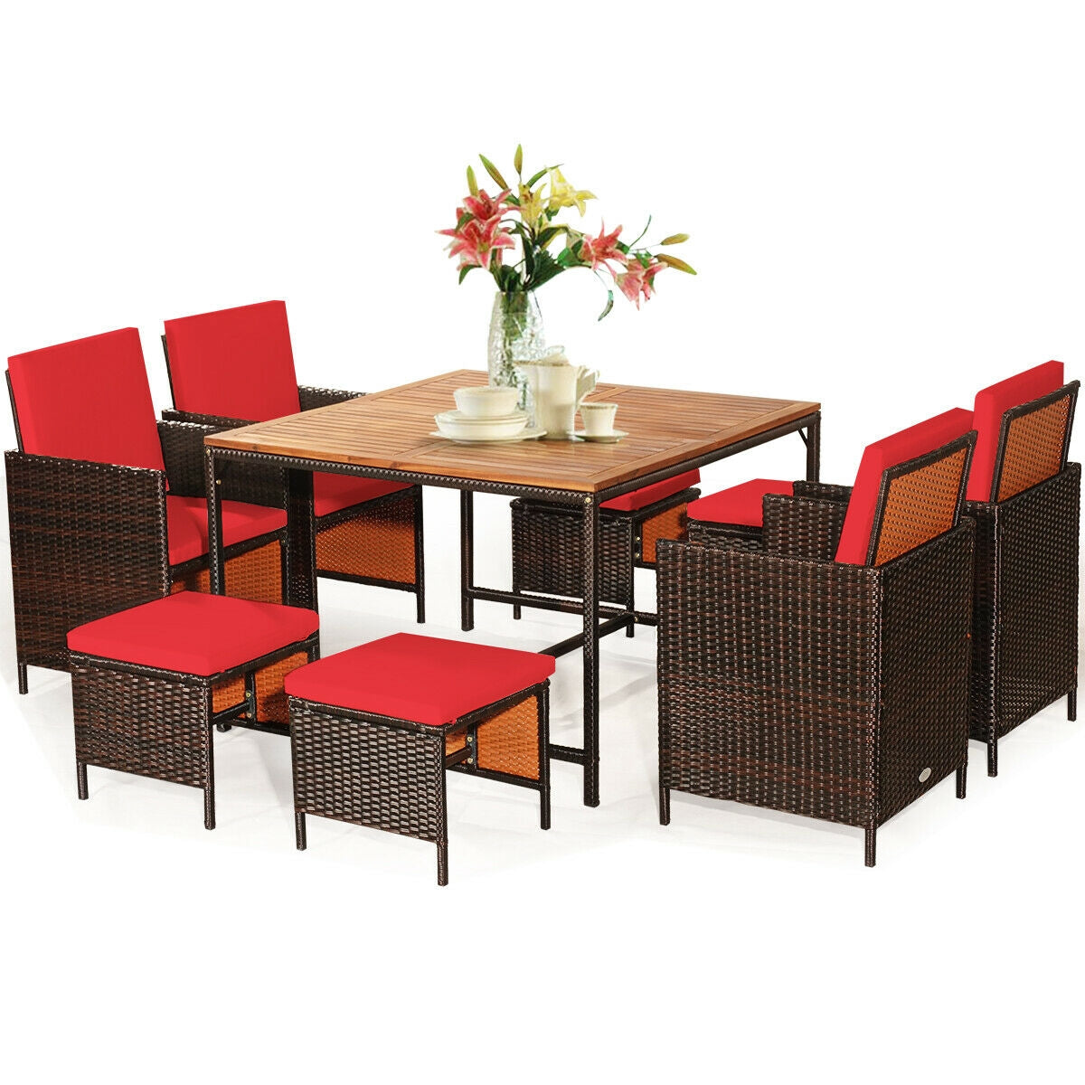 9 Pieces Patio Rattan Dining Cushioned Chairs Set-Red