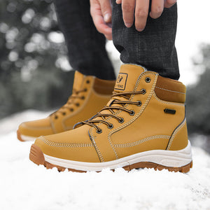 Brown Winter Mens Snow Boots Warm Plush Boots Waterproof Leather Ankle Boots Fashion Outdoor Non-slip Men's Hiking Boots Winter Ankle Snow Hiking Boots Warm Water Resistant Sport Shoes