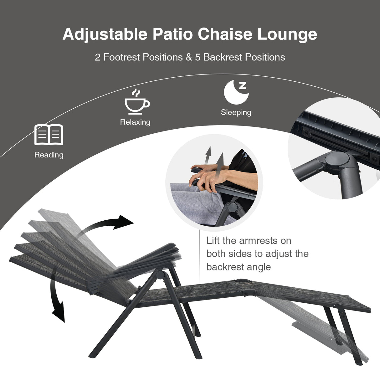 2 Pieces Foldable Chaise Lounge Chair with 2-Position Footrest-Brown