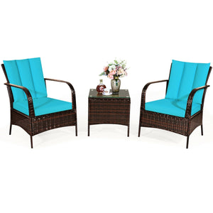 3 Pcs Patio Conversation Rattan Furniture Set with Glass Top Coffee Table and Cushions-Gray