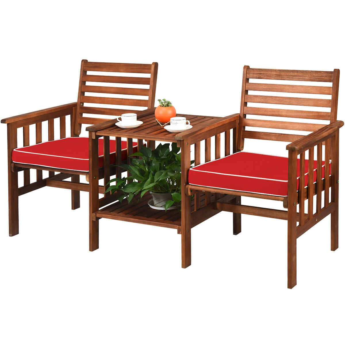 3 pcs Outdoor Patio Table Chairs Set Acacia Wood Loveseat-White