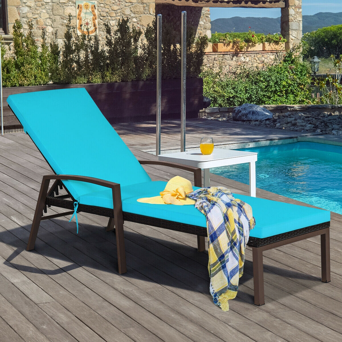 Patio Rattan Lounge Chaise Recliner with Back Adjustable Cushioned-Red