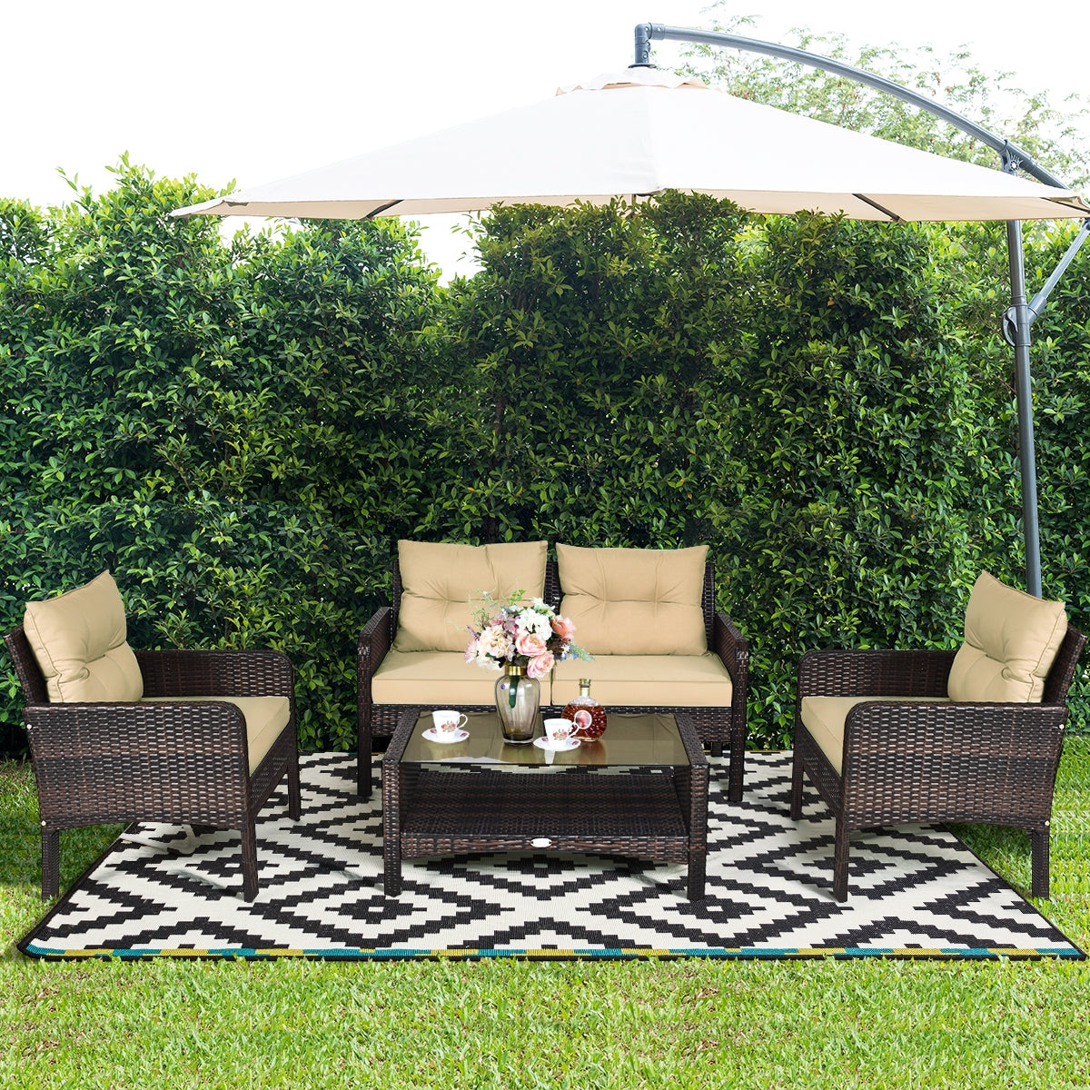 4 Pieces Outdoor Rattan Wicker Loveseat Furniture Set with Cushions-Red