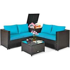 4 Pieces Outdoor Patio Rattan Furniture Set with Cushioned Loveseat and Storage Box-Brown