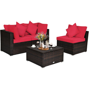 4 Pcs Ottoman Garden Deck Patio Rattan Wicker Furniture Set Cushioned Sofa-Red