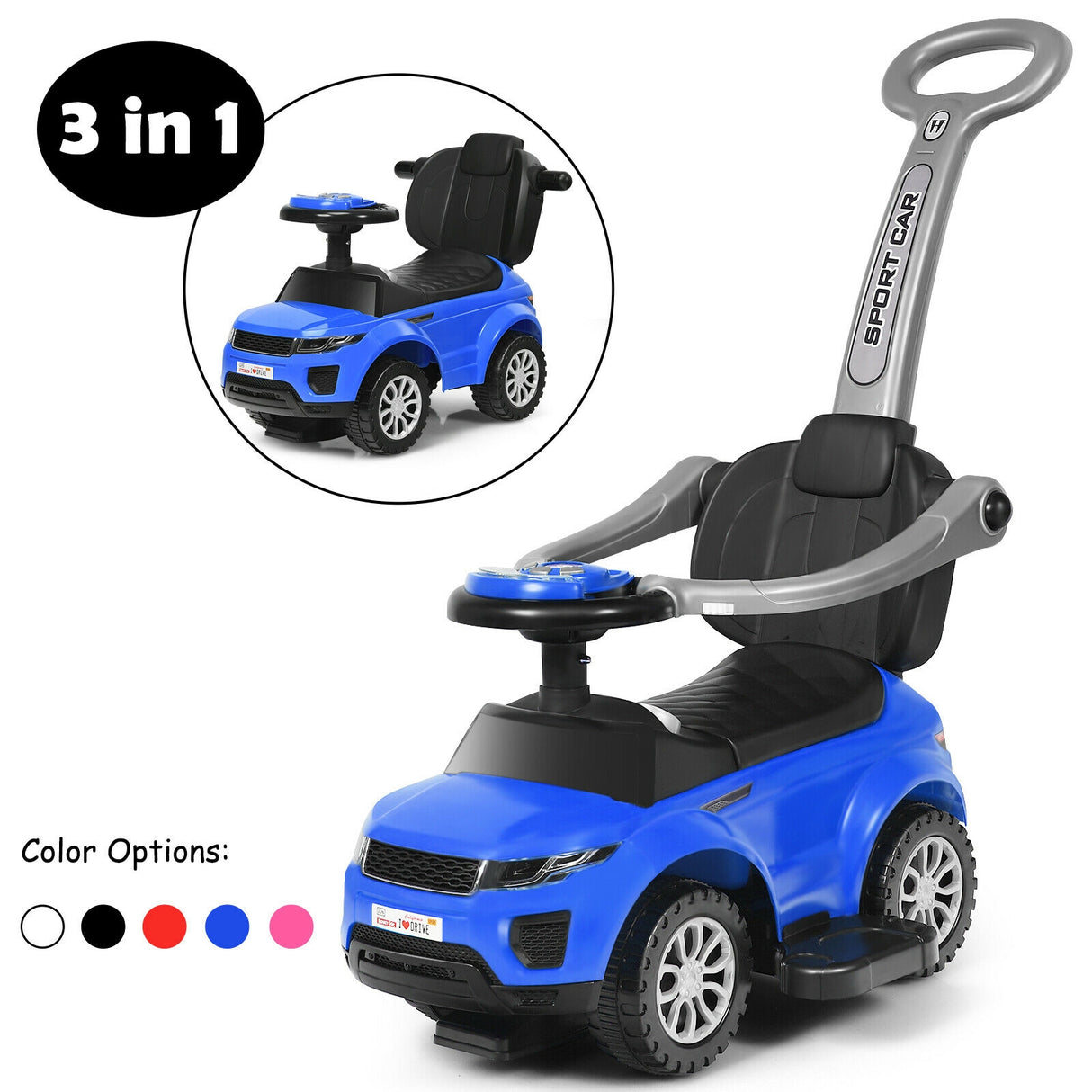 3 in 1 Ride on Push Car Toddler Stroller Sliding Car with Music-Black