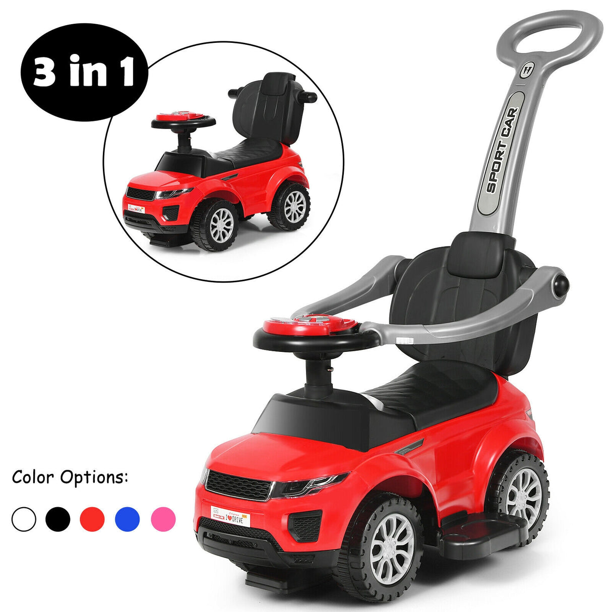 3 in 1 Ride on Push Car Toddler Stroller Sliding Car with Music-Black