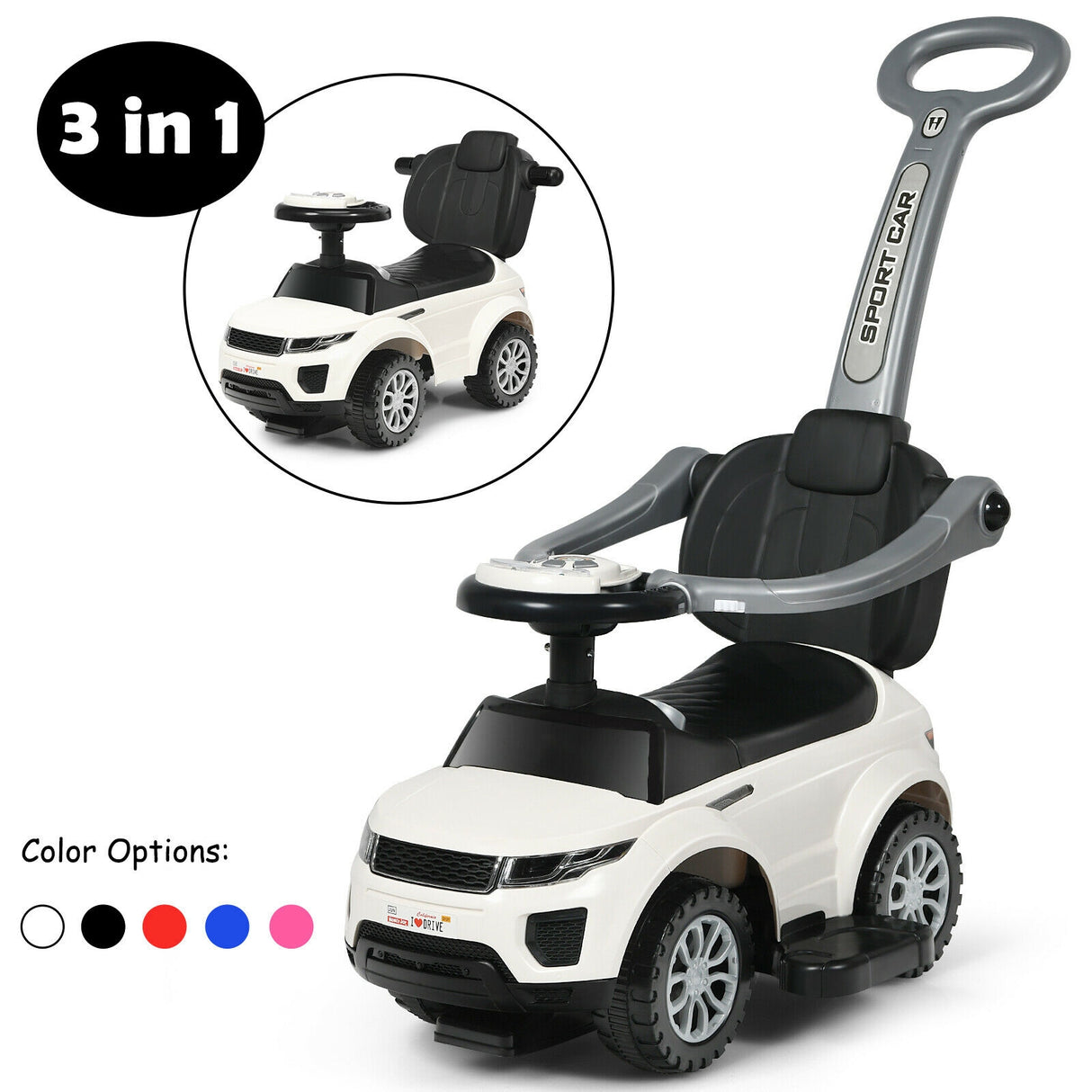 3 in 1 Ride on Push Car Toddler Stroller Sliding Car with Music-Black
