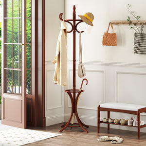 Wood Standing Hat Coat Rack with Umbrella Stand-Black