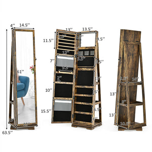 360 ° Rotatable 2-in-1 Lockable Jewelry Cabinet with Full-Length Mirror-Brown