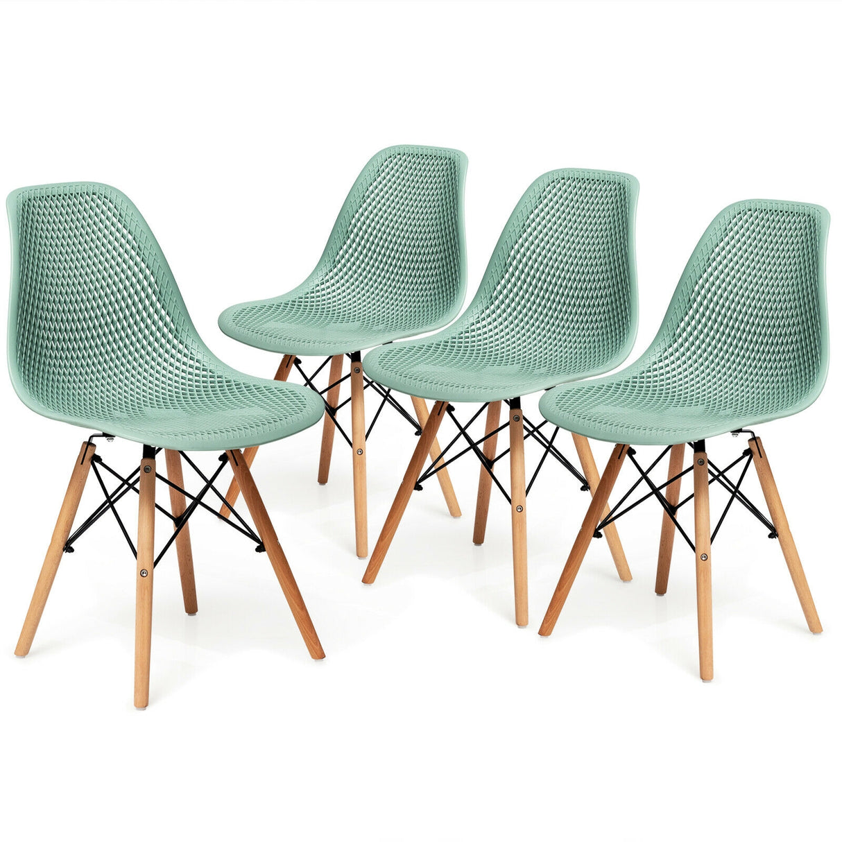 4 Pieces Modern Plastic Hollow Chair Set with Wood Leg-Black