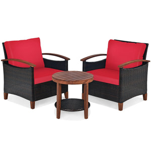 3 Pieces Patio Rattan Furniture Set with Washable Cushion and Acacia Wood Tabletop-Red