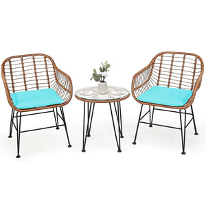 3 Pieces Patio Rattan Bistro Set with Cushion-Turquoise