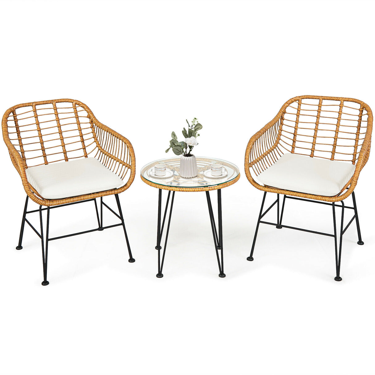 3 Pieces Rattan Furniture Set with Cushioned Chair Table-White