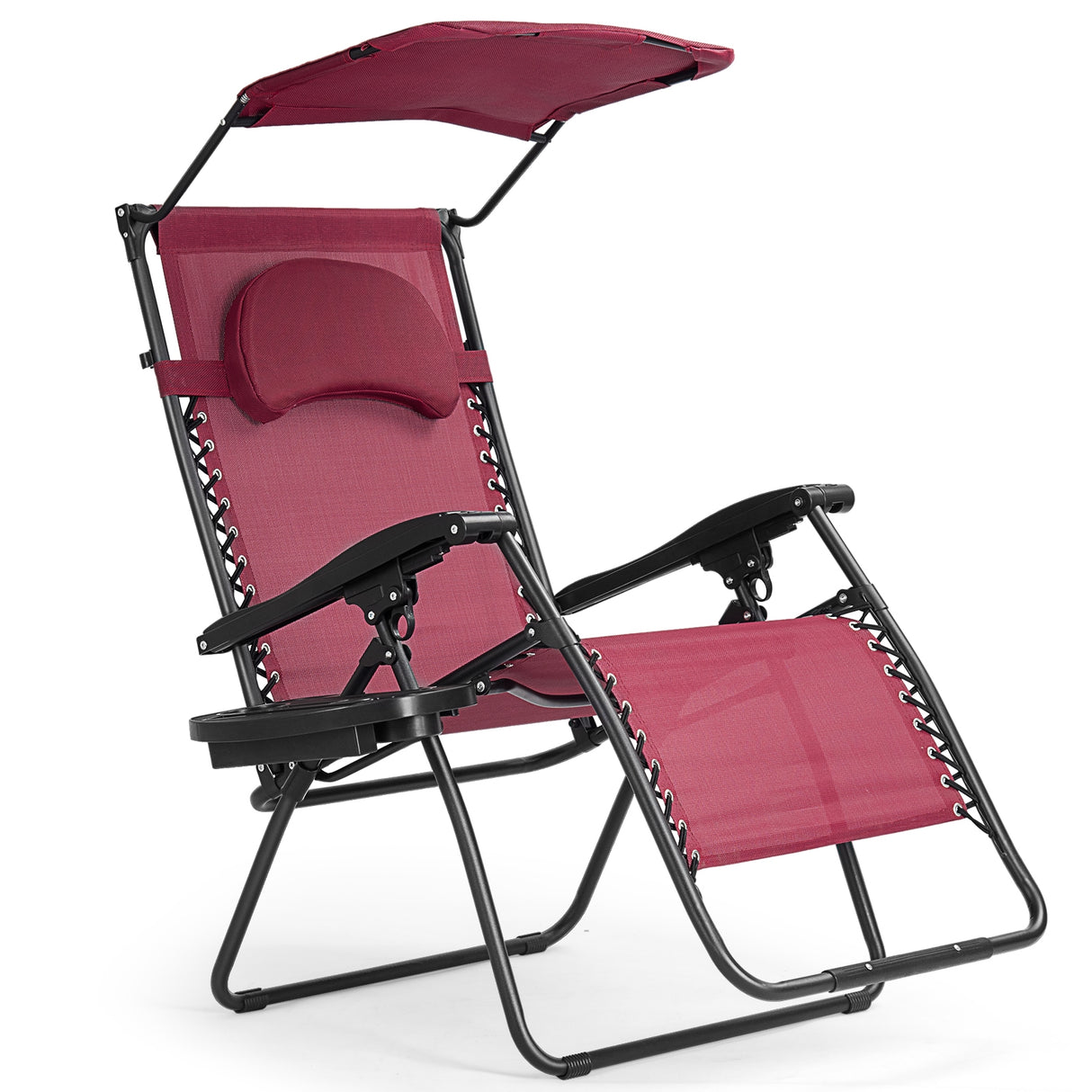 Folding Recliner Lounge Chair with Shade Canopy Cup Holder-Brown