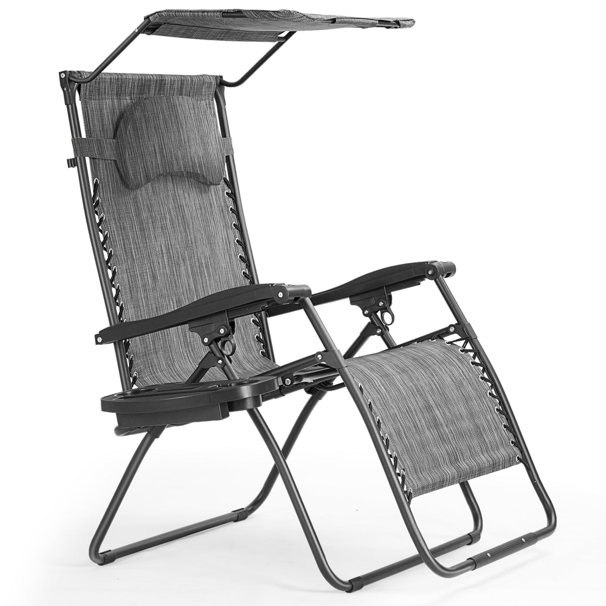 Folding Recliner Lounge Chair with Shade Canopy Cup Holder-Brown