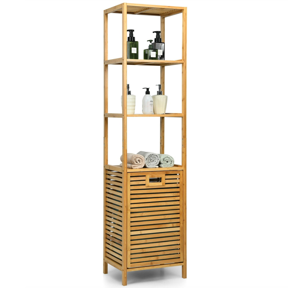 Bamboo Tower Hamper Organizer with 3-Tier Storage Shelves-Natural by DirectDeals
