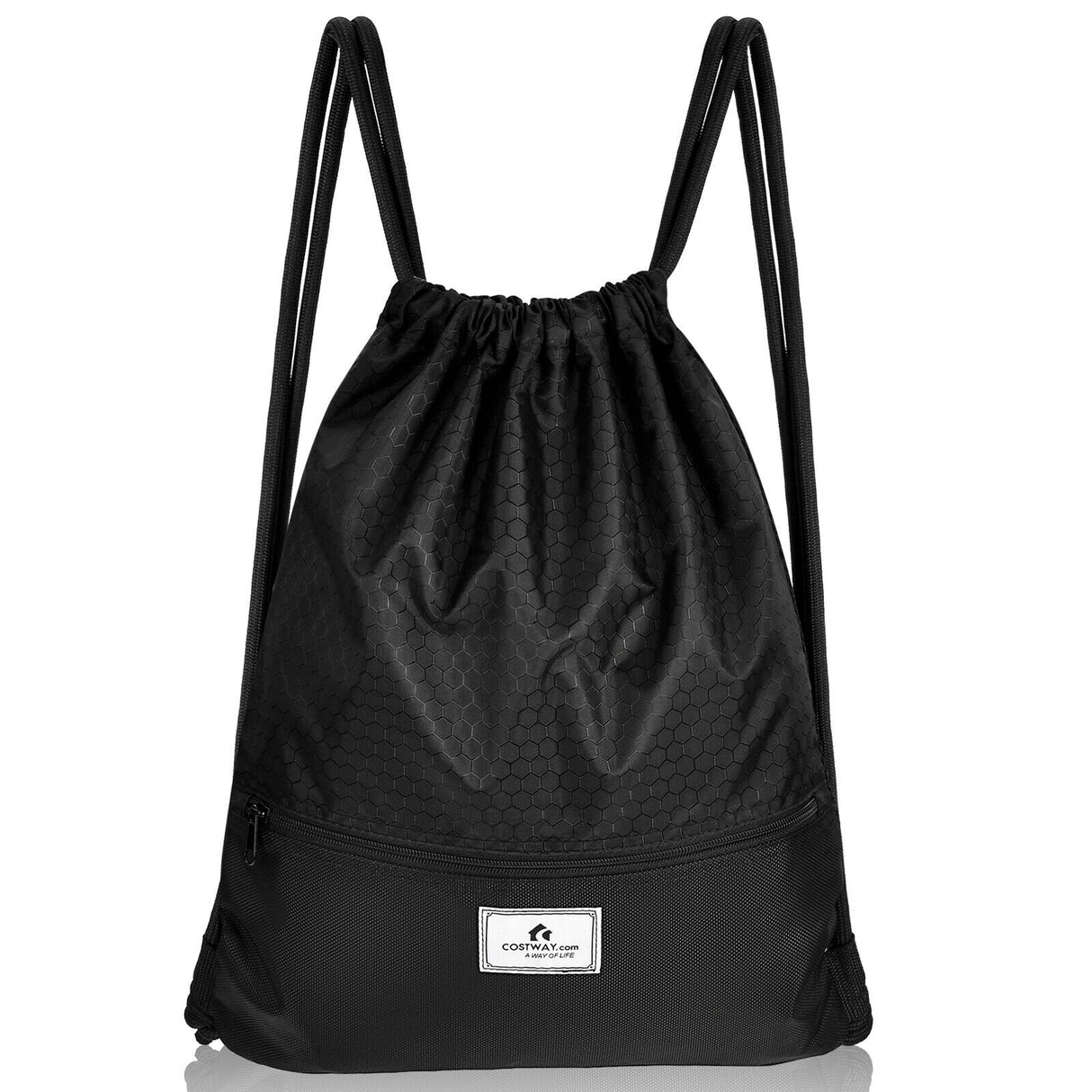 Drawstring Backpack String Bag Foldable Sports Sack with Zipper Pocket-Black