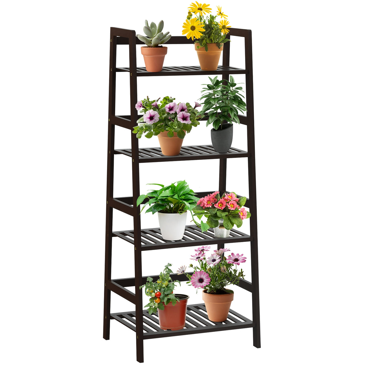 4-Tier Bamboo Plant Rack with Guardrails Stable and Space-Saving-Natural