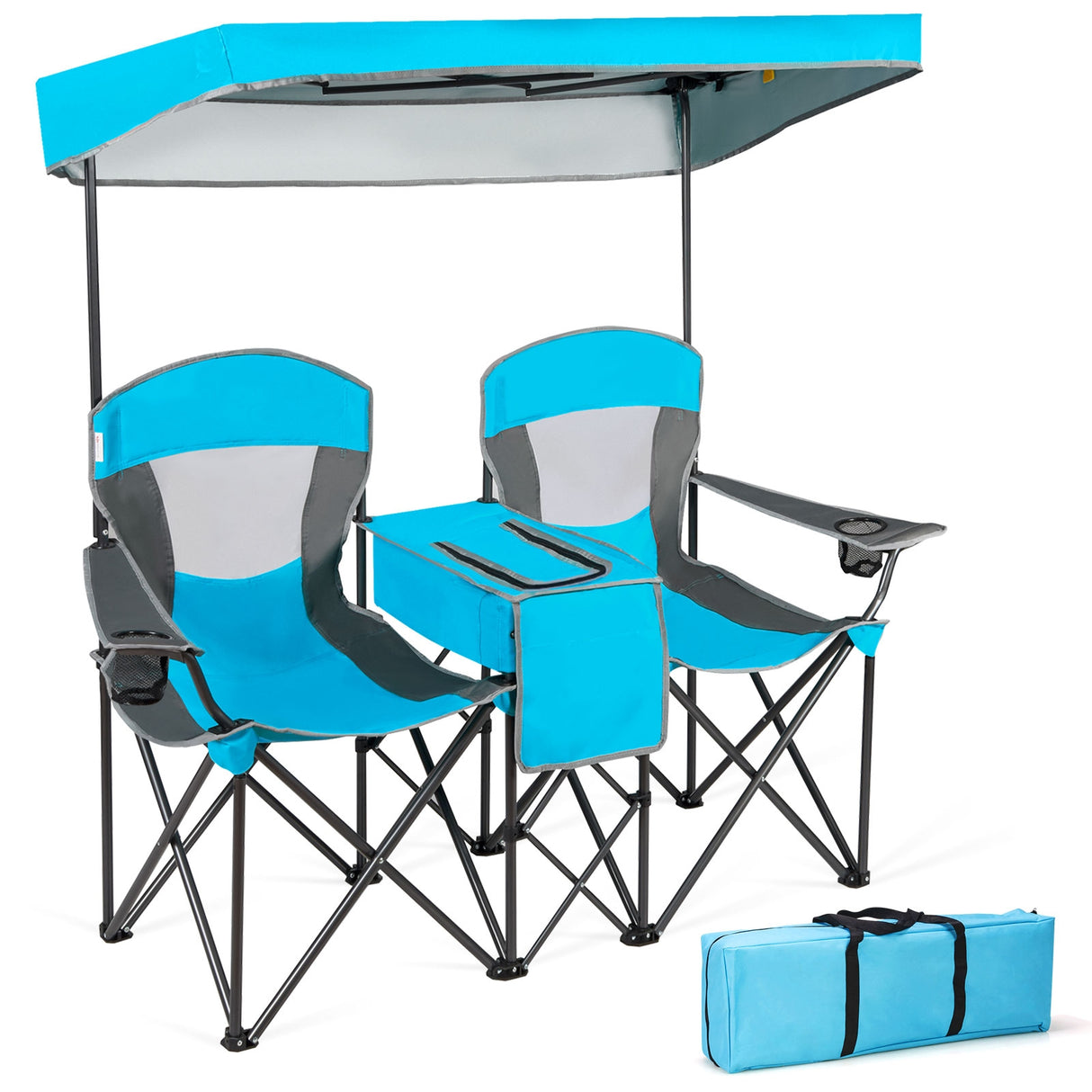 Patented Portable Folding Camping Canopy Chairs with Cup Holder-Blue