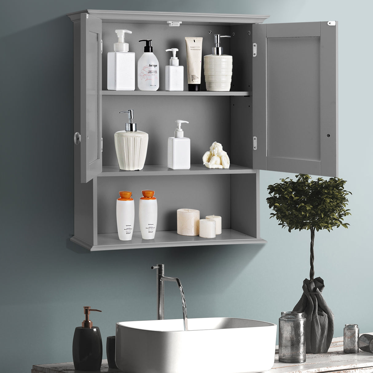 2-Door Wall Mount Bathroom Storage Cabinet with Open Shelf-White