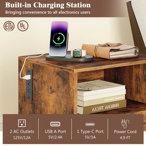 Nightstand with Charging Station and Drawer Sofa Side Table-Rustic Brown