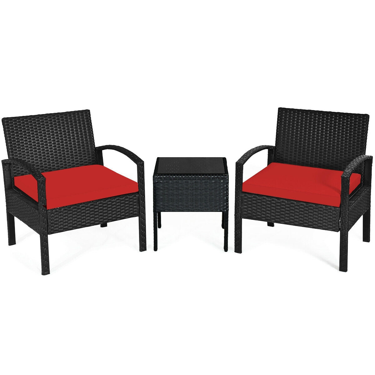 3 Pieces Outdoor Rattan Patio Conversation Set with Seat Cushions-White