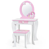 Kids Wooden Makeup Dressing Table and Chair Set with Mirror and Drawer-Pink