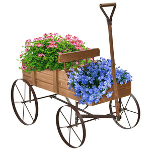 Wooden Wagon Plant Bed With Wheel for Garden Yard-Red