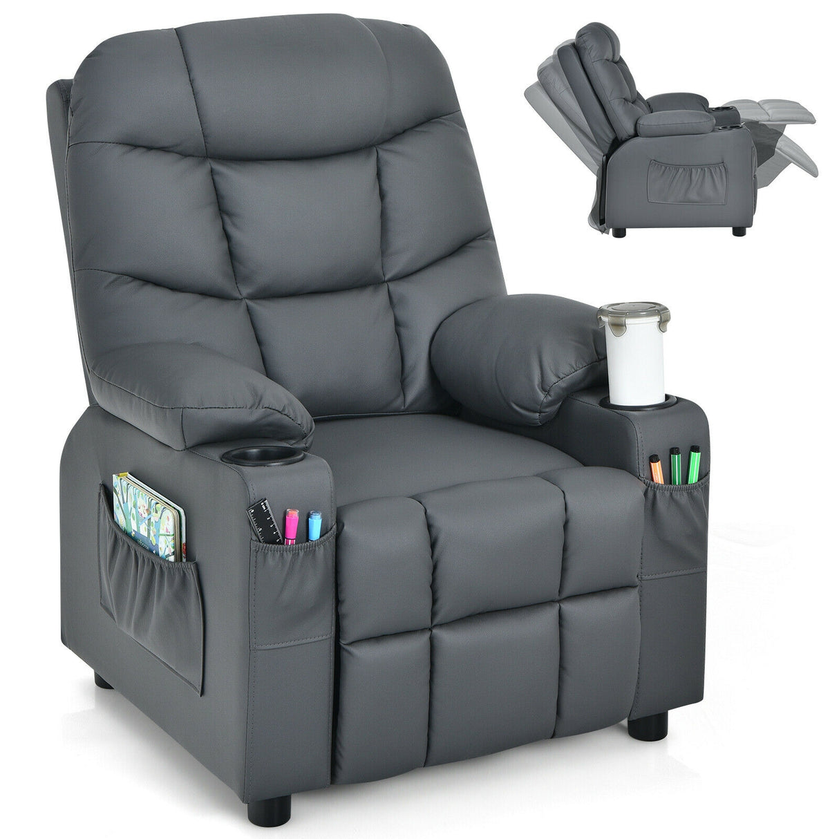 Kids Recliner Chair with Cup Holder and Footrest for Children-Blue