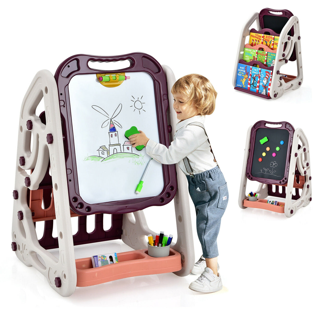 3-in-1 Kids Art Easel Double-Sided Tabletop Easel with Art Accessories-Blue