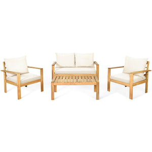 Outdoor 4 Pieces Acacia Wood Chat Set with Water Resistant Cushions-Gray